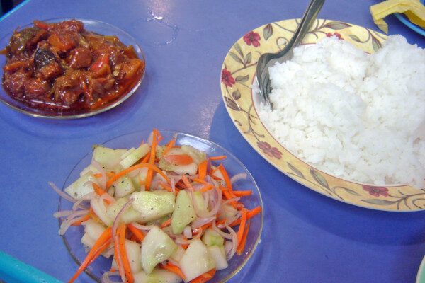 Vinegary fish spicy cucumber salad boiled rice