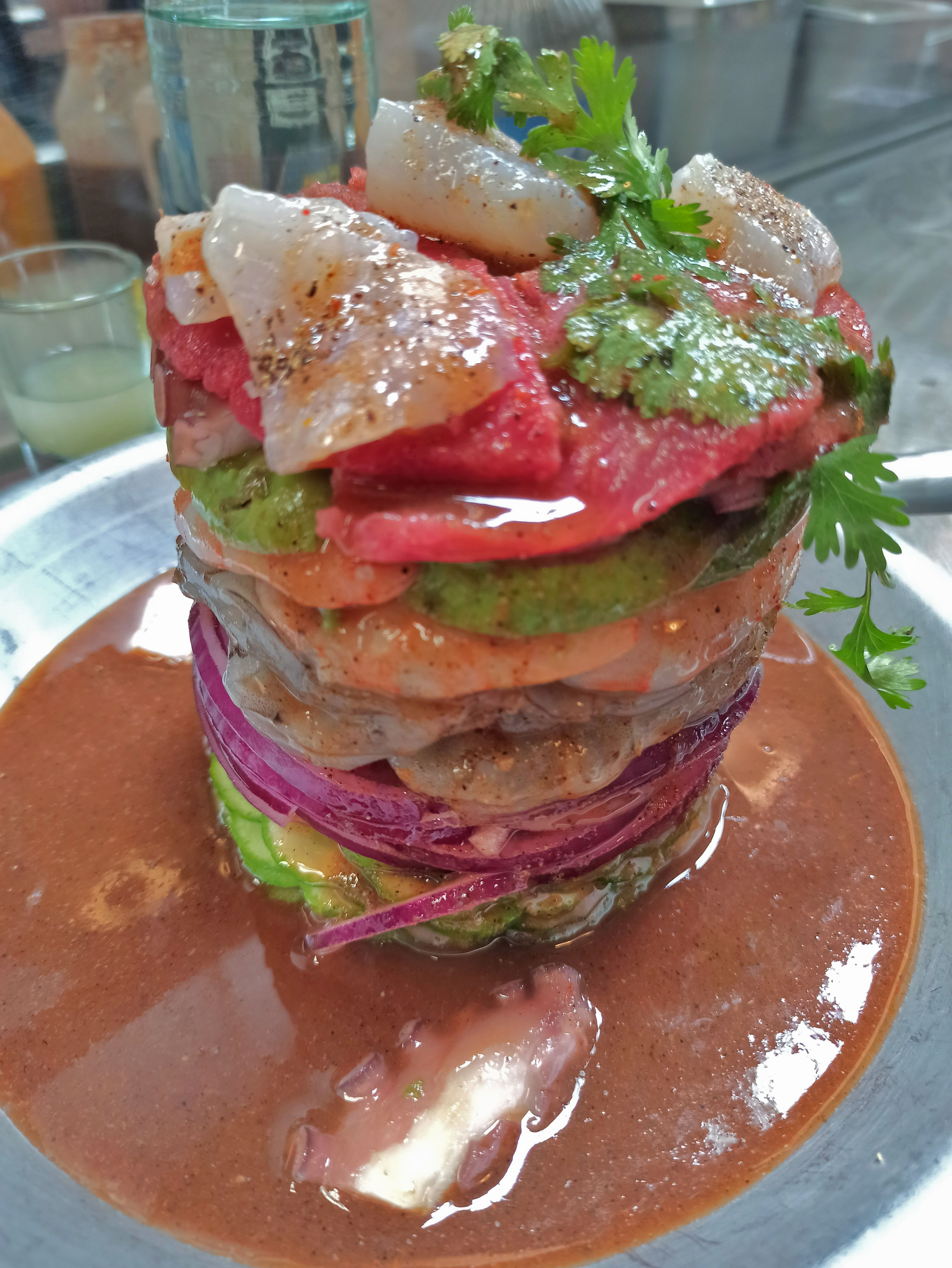 a stack of food on a plate