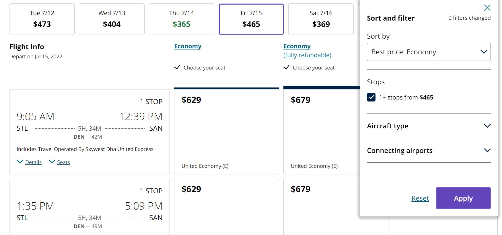 United Airlines fare hack sort filter