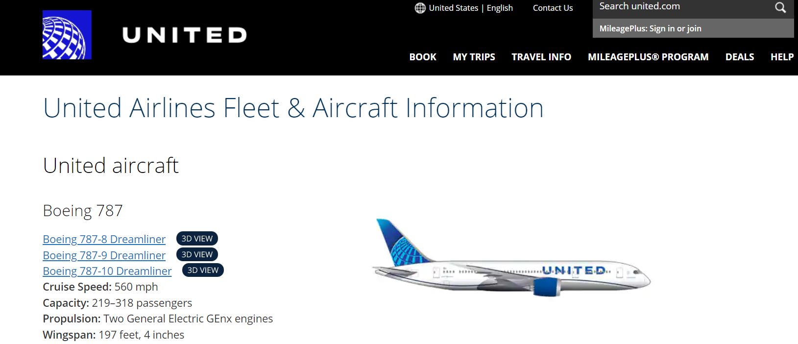 United Airlines 787 fleet information