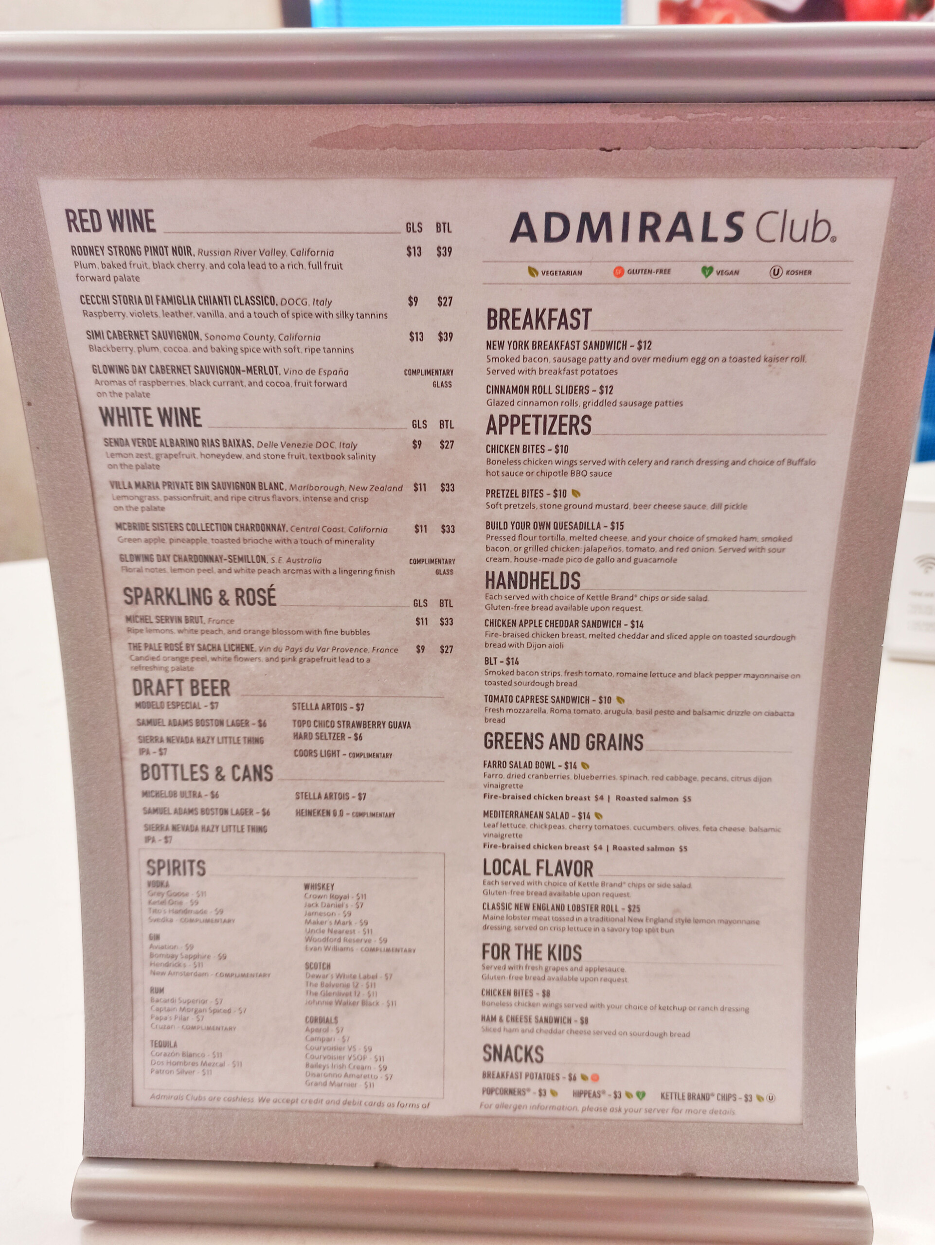 Boston Admirals Club Menu