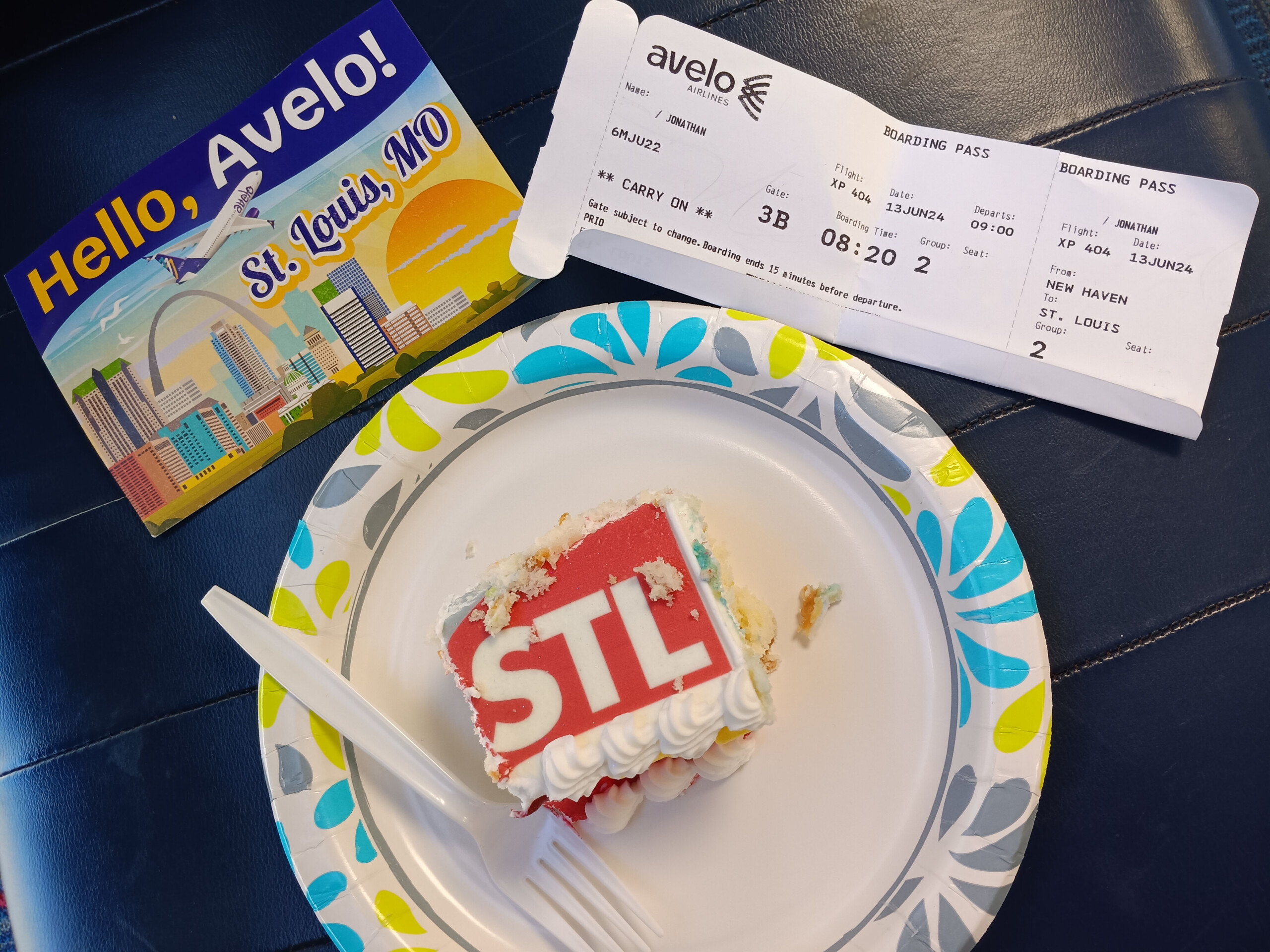 Avelo Airlines New Haven to St. Louis Cake, Postcard, and Boarding Pass