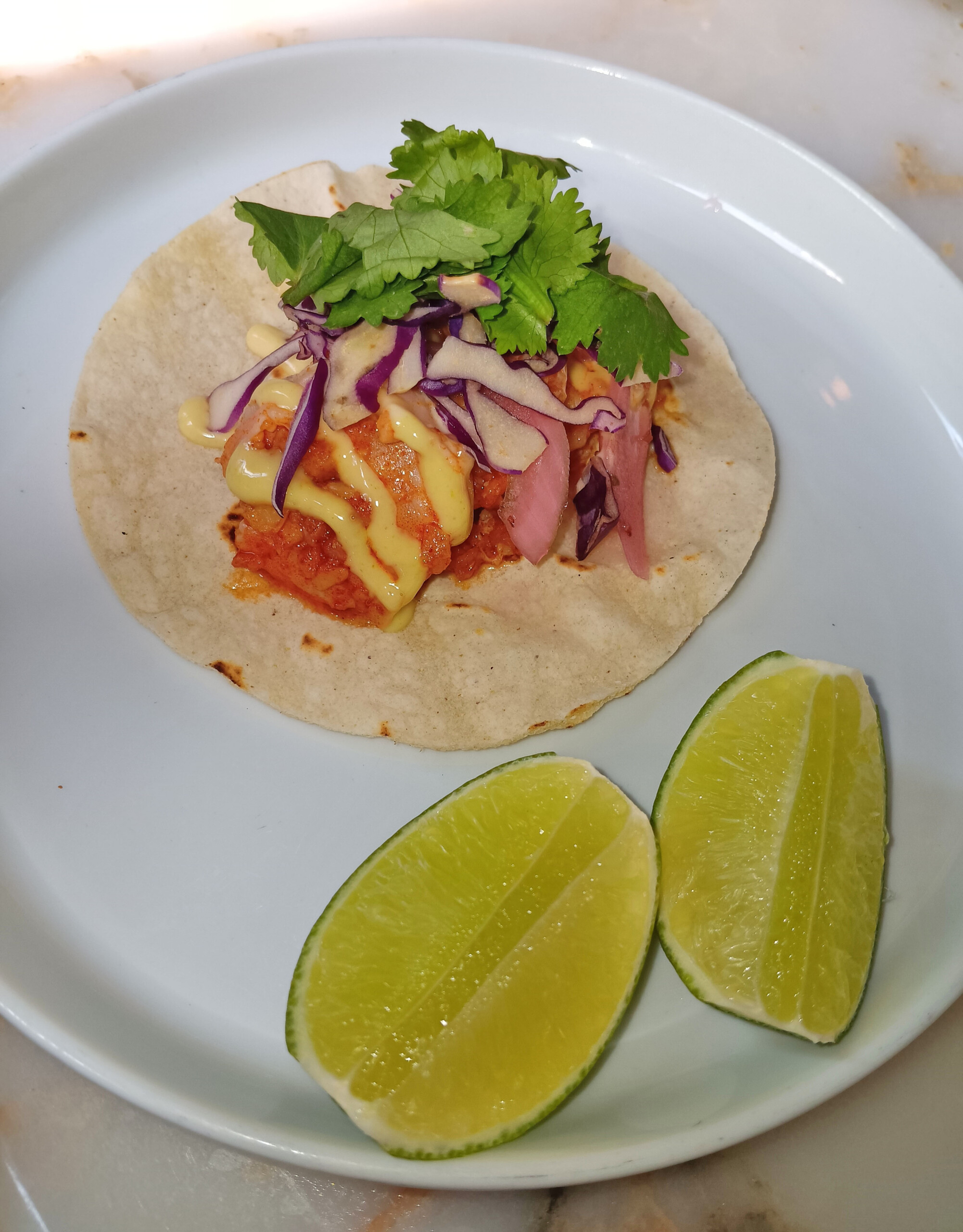 Shrimp Taco -- tortilla, garlic aioli, cabbage, cilantro