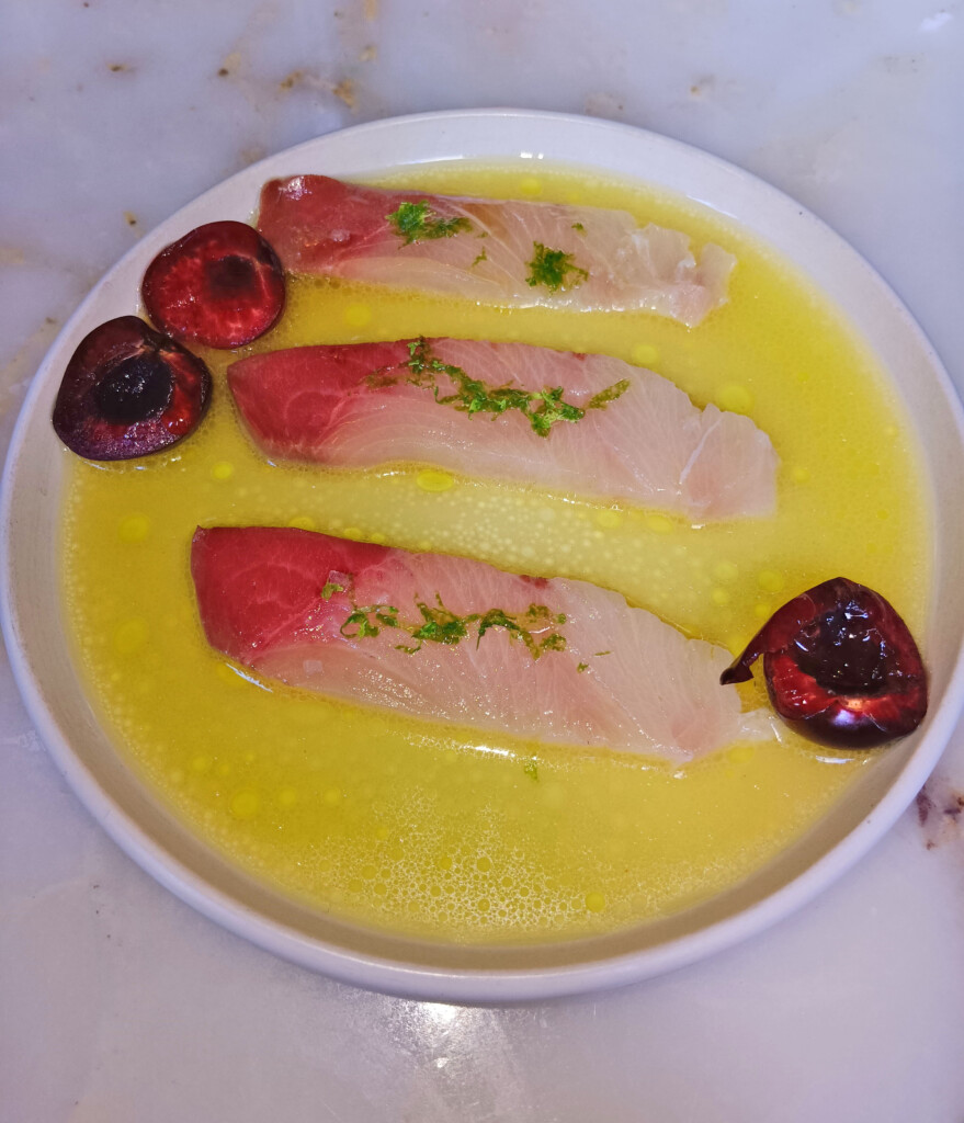 Hamachi crudo -- passion fruit broth, cherries