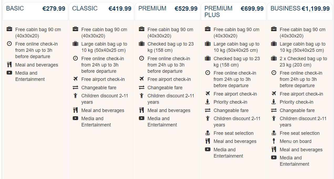 HiSky Five Different Booking Classes