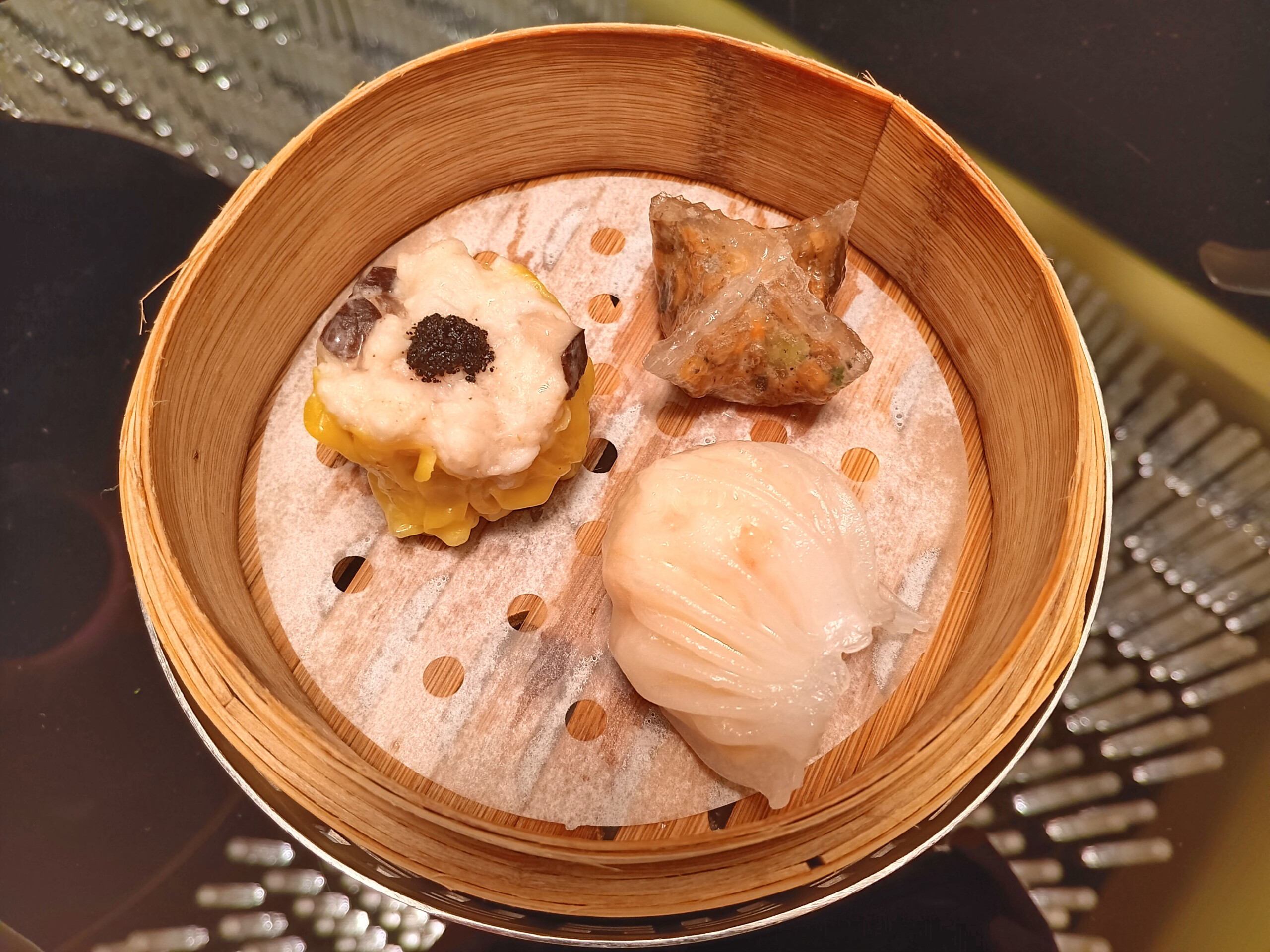 Shrimp dumpling (har gow), black truffle shumai, mushroom rice dumpling