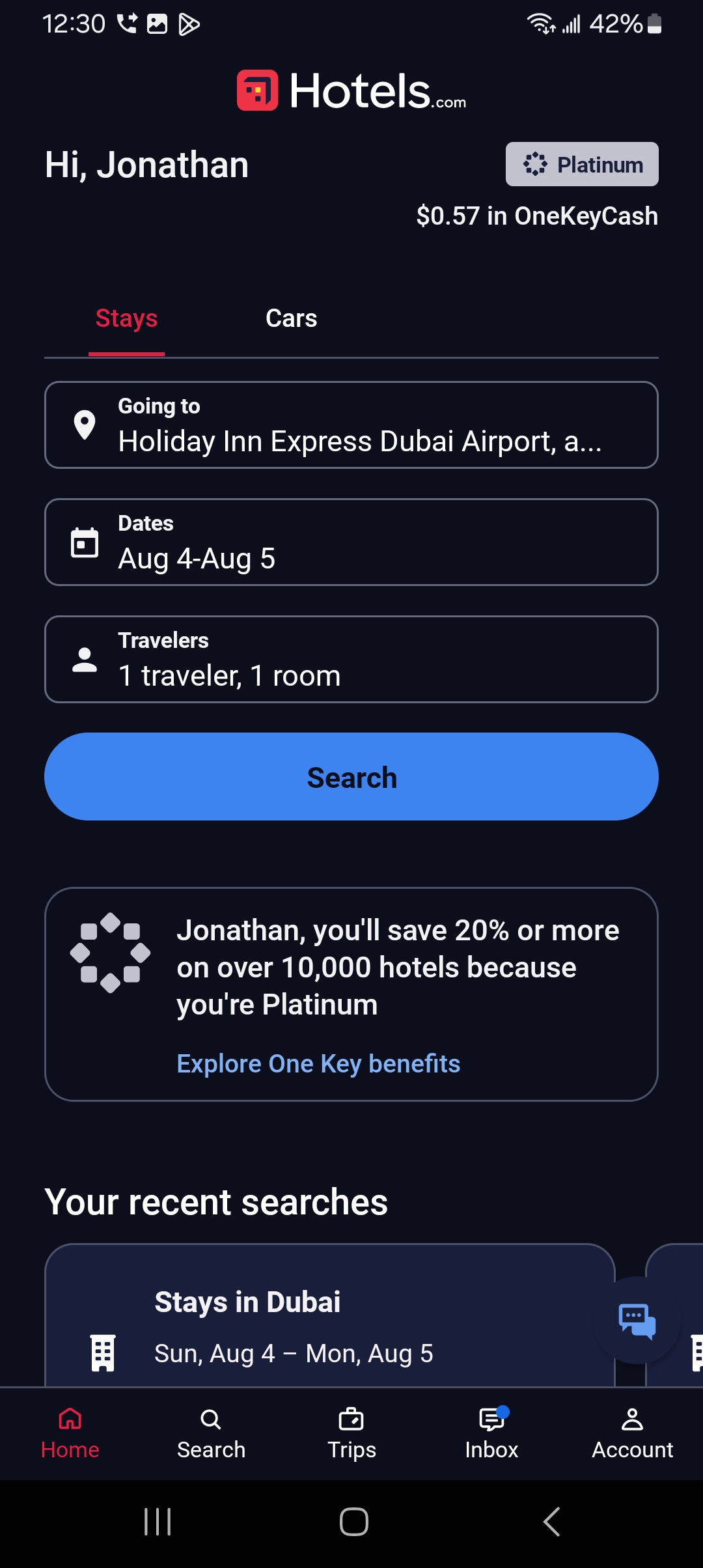 My platinum level hotels.com search page