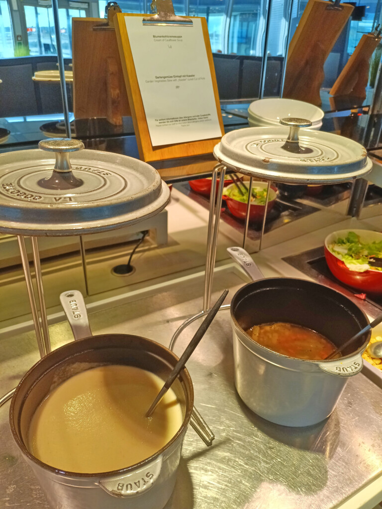 Cream of Cauliflower Soup on the left, Vegetable Stew on the right