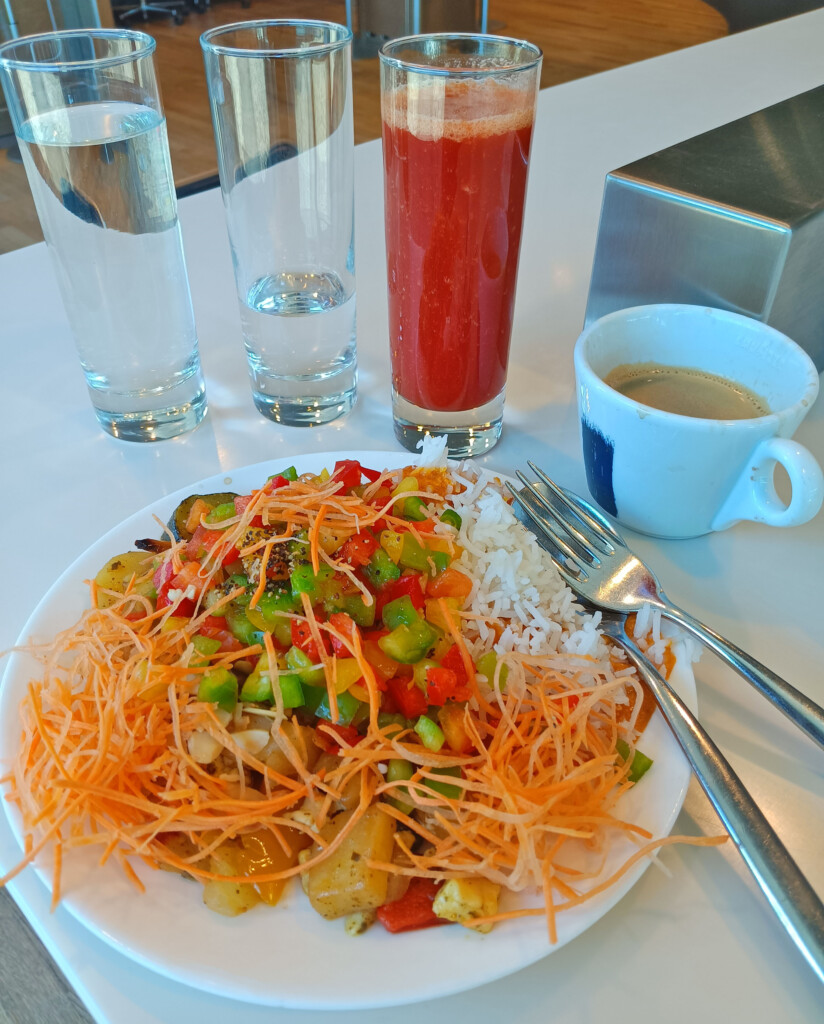 My mixed plate with tomato juice, lemon water, espresso, and cardamom orange peel gin