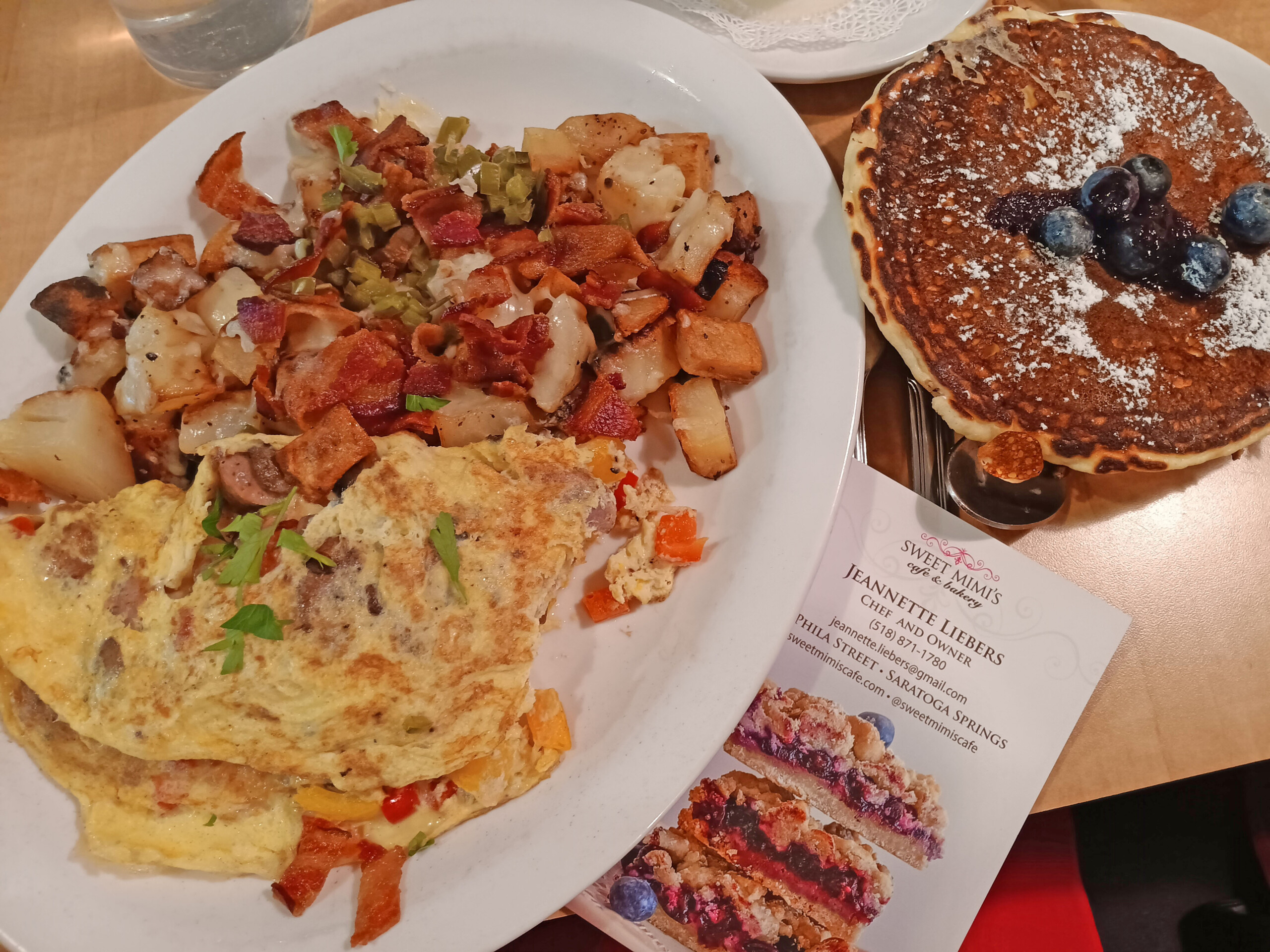 Omelette, Potato Hash, and Lemon Ricotta Pancake