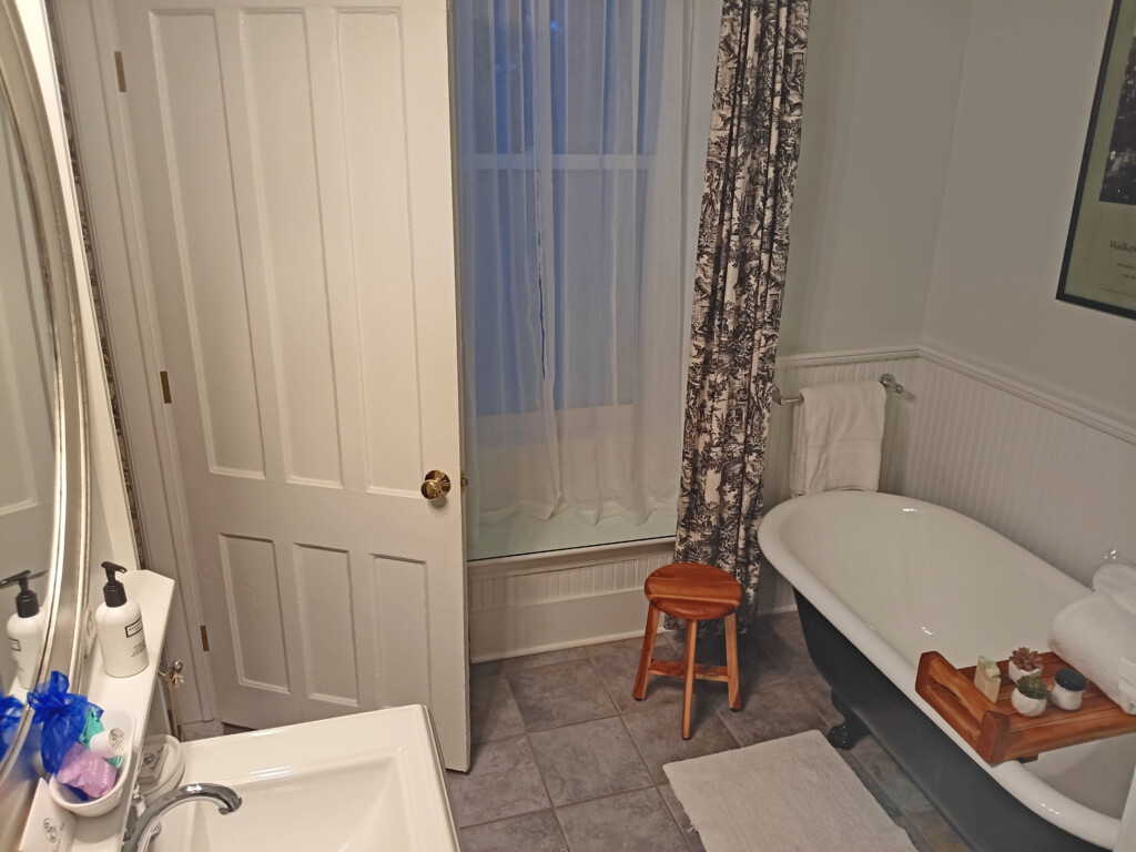 a bathroom with a tub and shower curtain