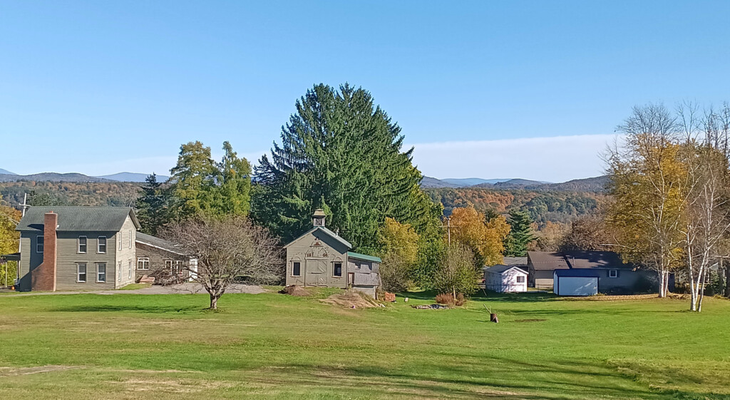 a group of houses in a grassy field