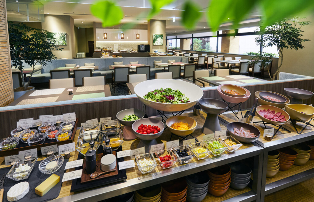 a buffet table with food on it