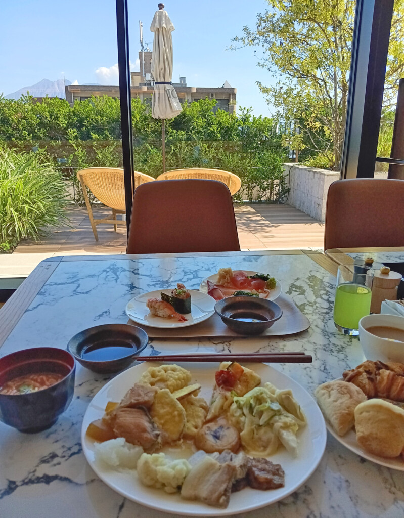 a table with plates of food on it