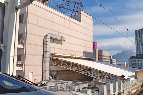 Kagoshima Chuo Station with Shinkansen, Ferris Wheel, and Sakurajima Volcano