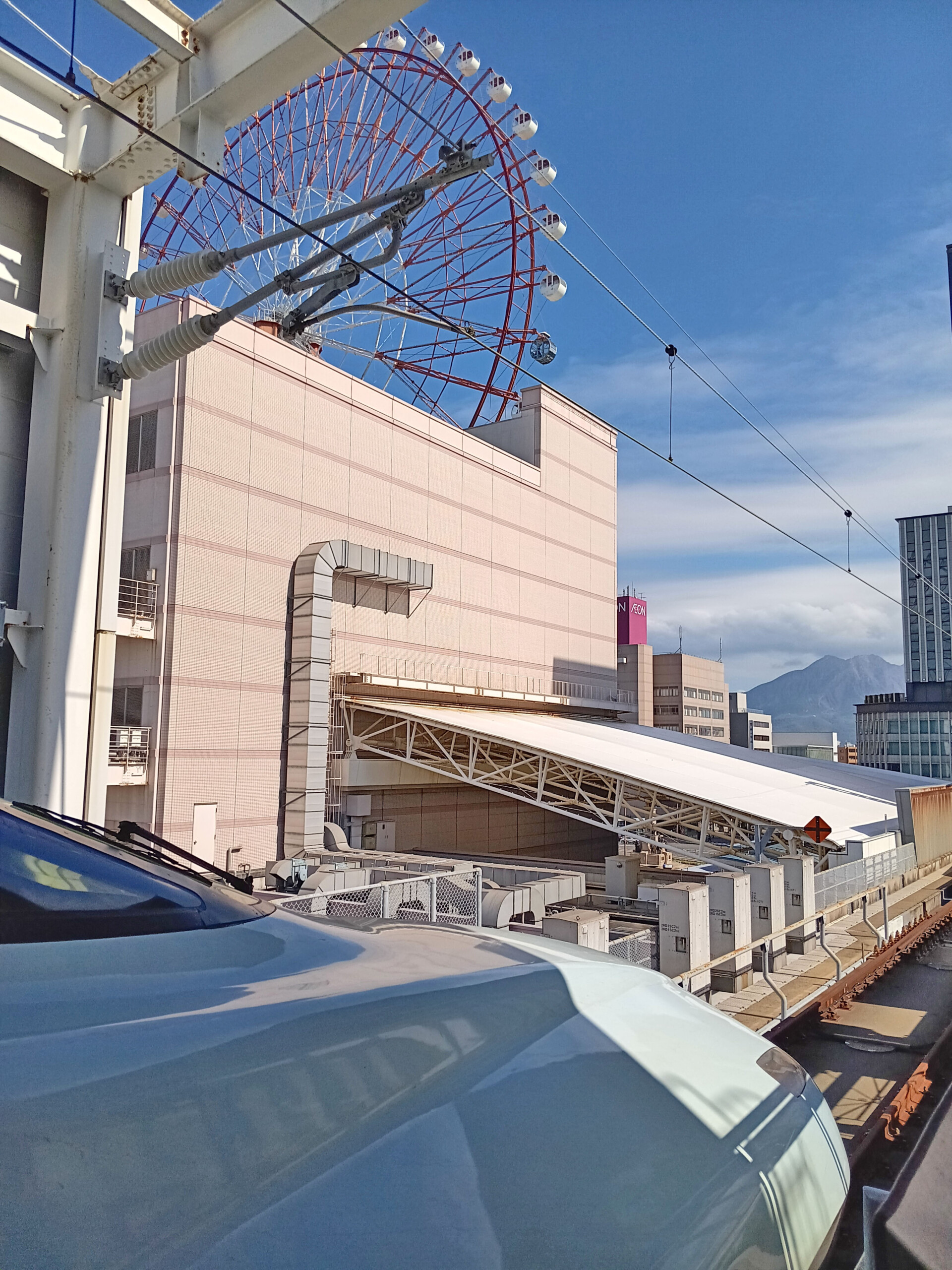 Kagoshima Chuo Station with Shinkansen, Ferris Wheel, and Sakurajima Volcano