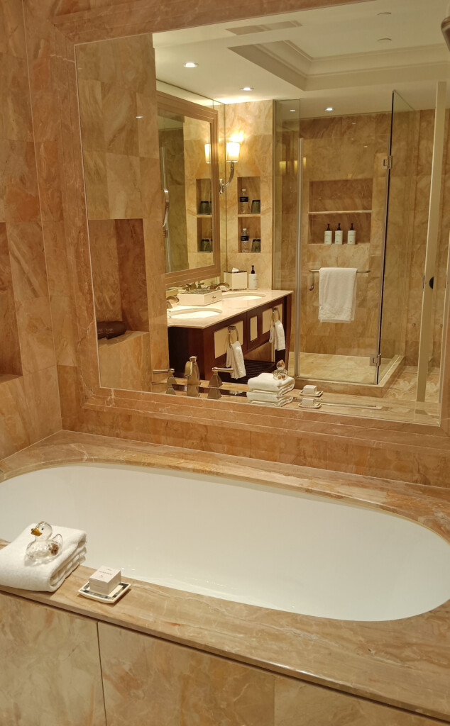 a bathroom with a large mirror