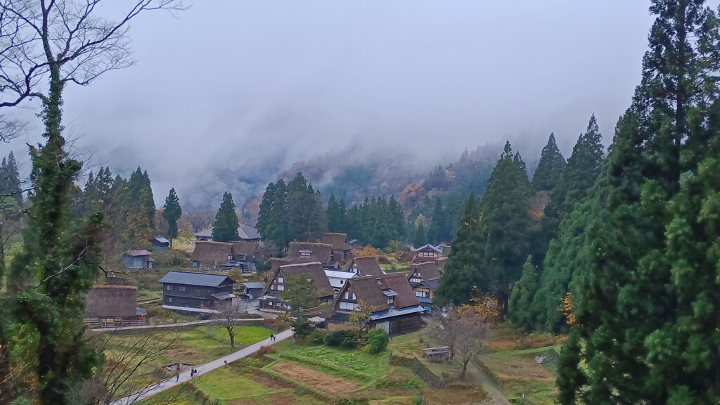 a group of houses in a valley with trees and fog