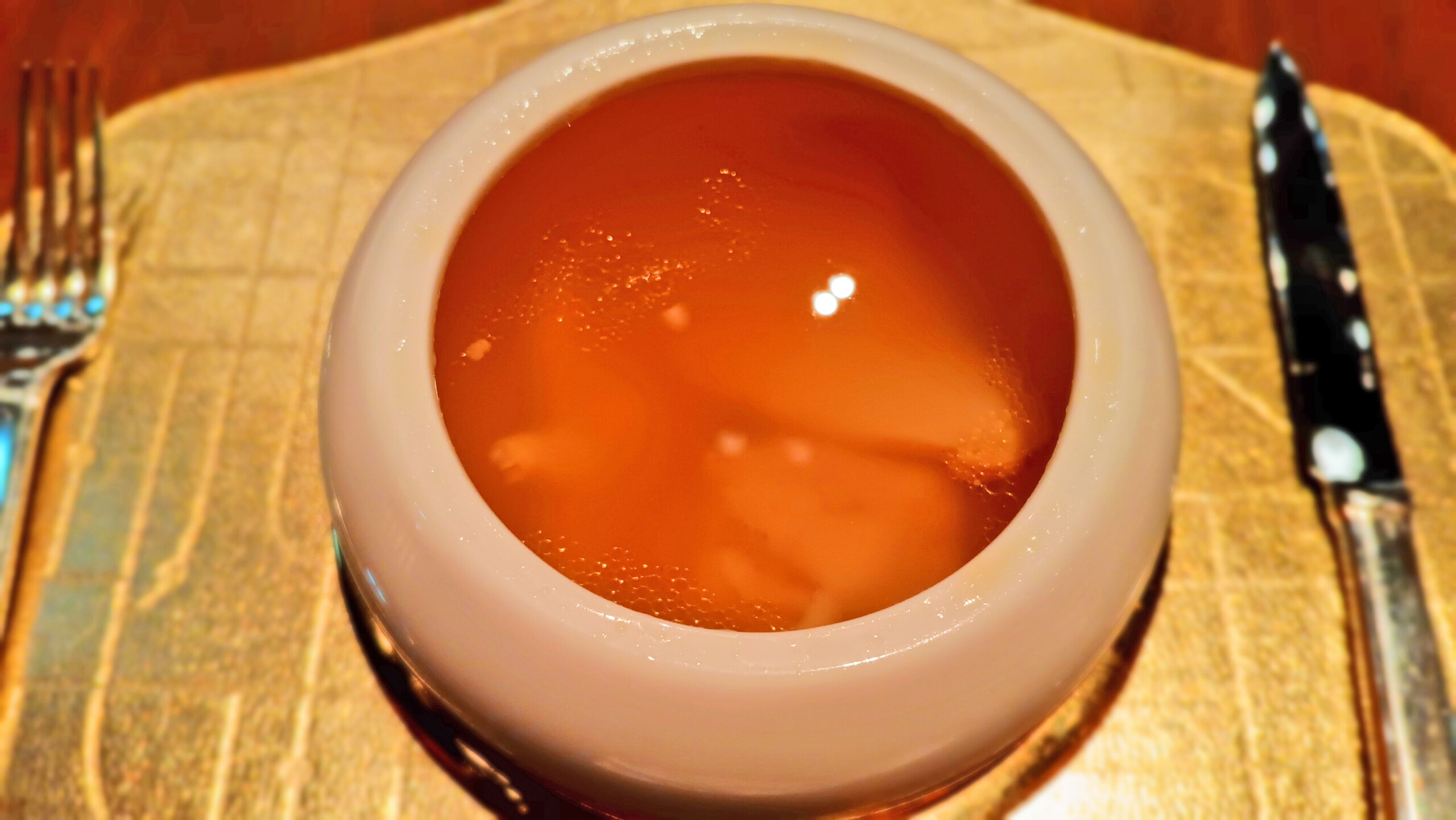 Chicken Consommé with Poached Matsutake Mushrooms and Dried Echiura (spoon worms)