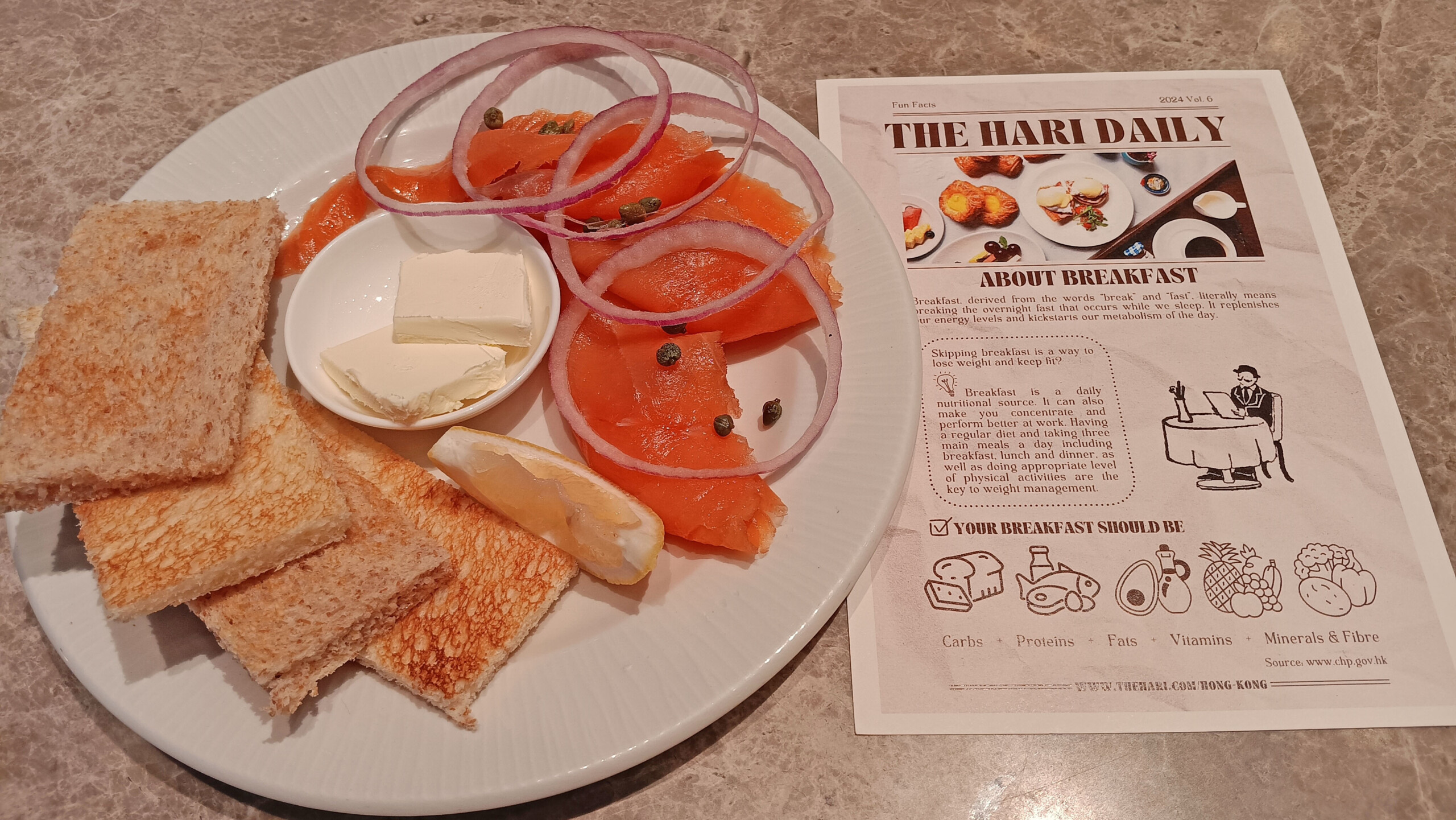 Smoked salmon, cream cheese, red onions, capers, and toast