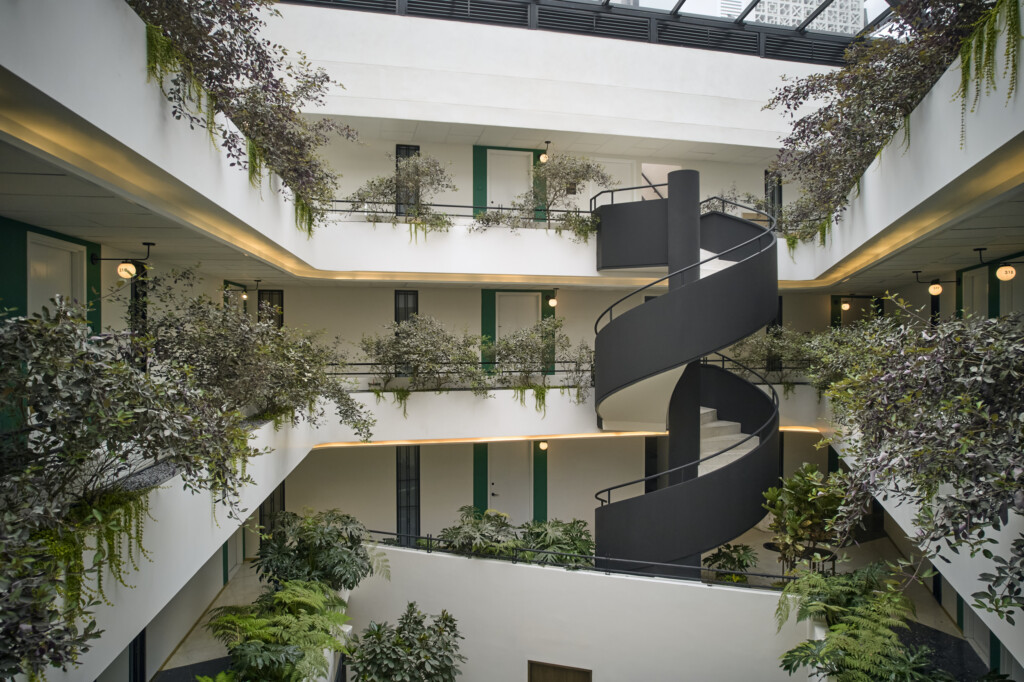 a spiral staircase in a building