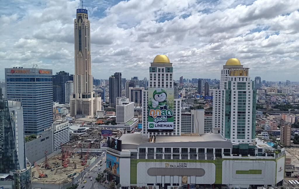 a city with tall buildings and a large city
