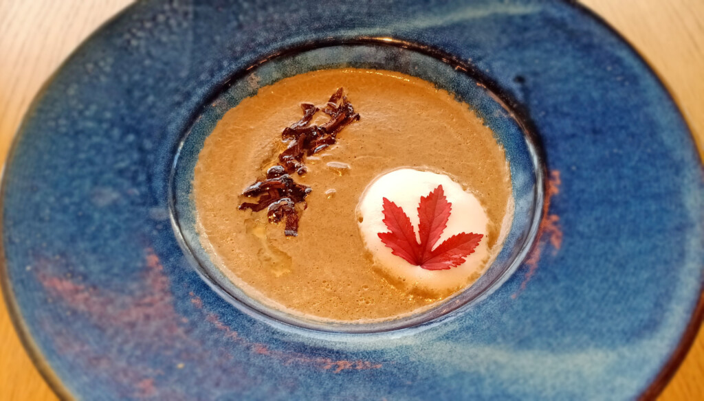 a bowl of soup with a leaf on top