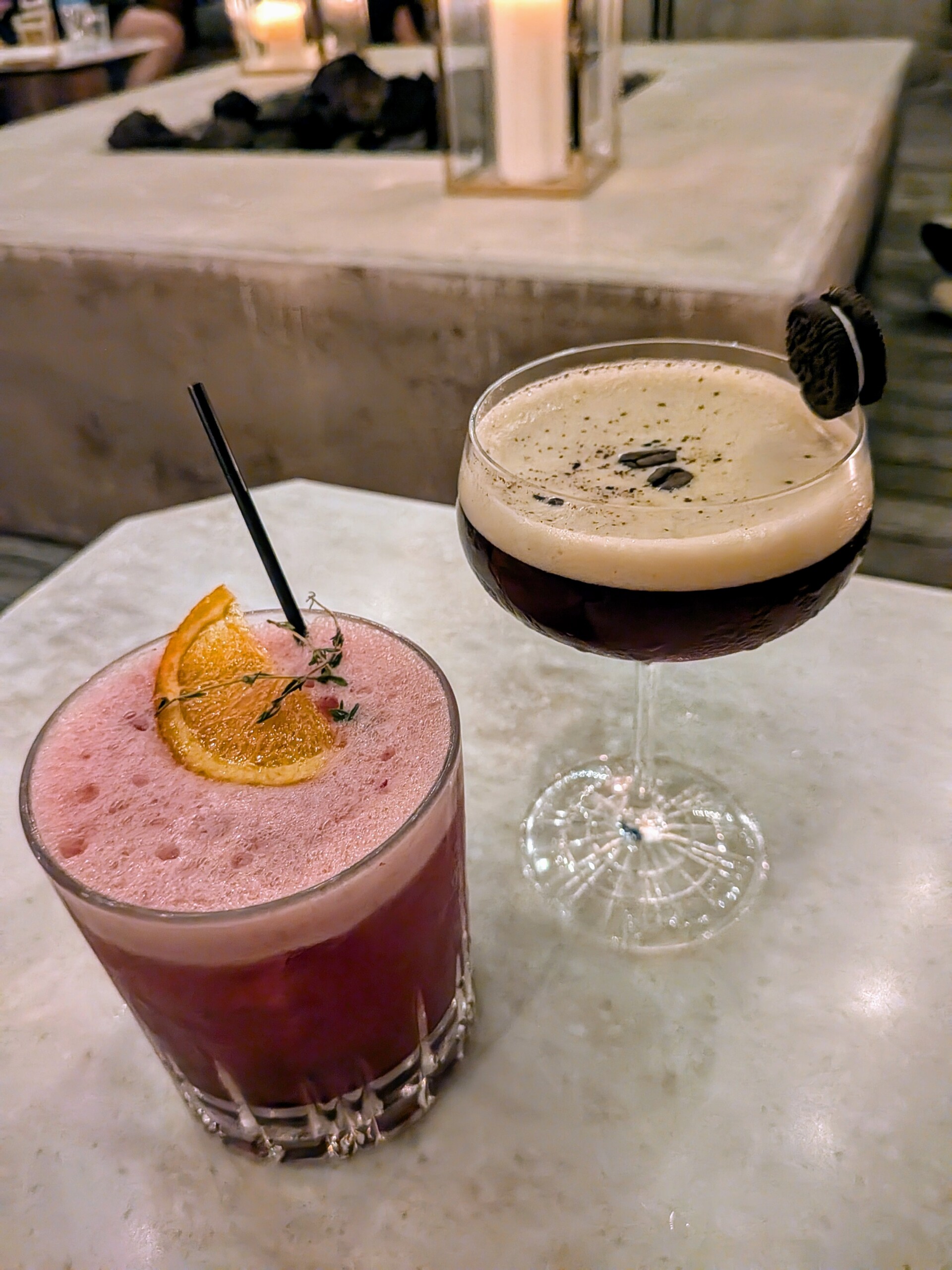 士魂 Coffee Martini (Torikai {Rice- Shochu}, Eyguebelle Cacao Brown , Tia Maria Coffee Liqueur , Aperol , Iced Coffee , Orange Bitters) & Very Berry Mocktail
