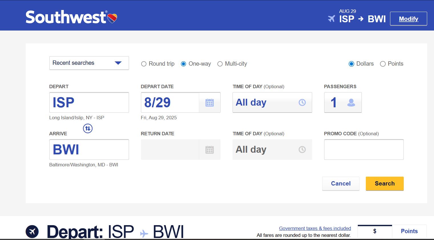 Southwest modify flight search