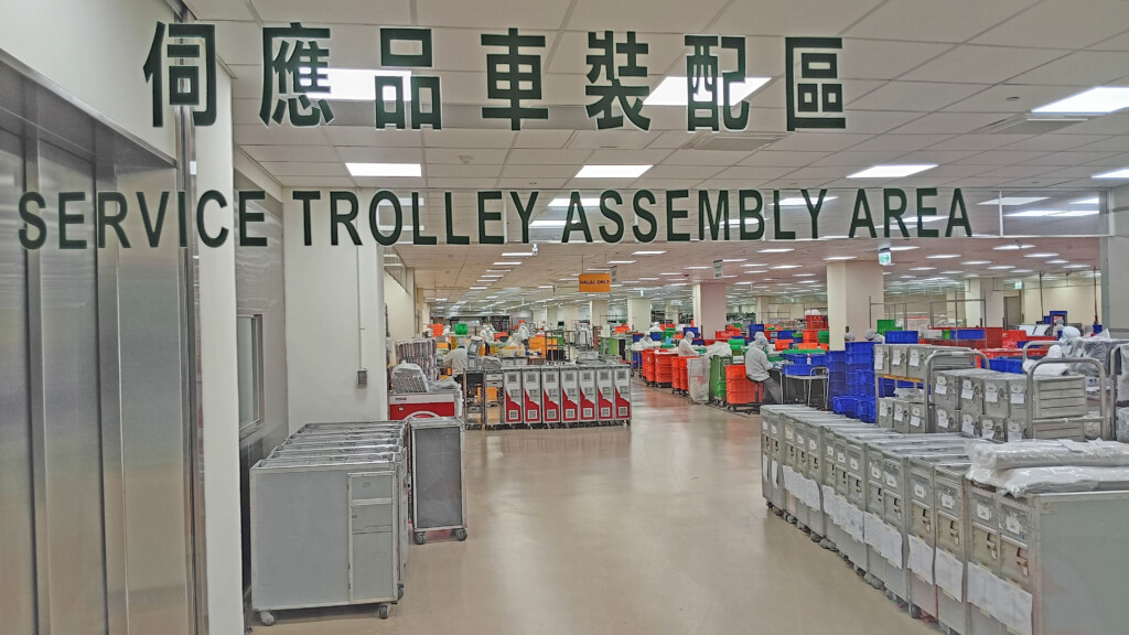 a large building with many carts and signs