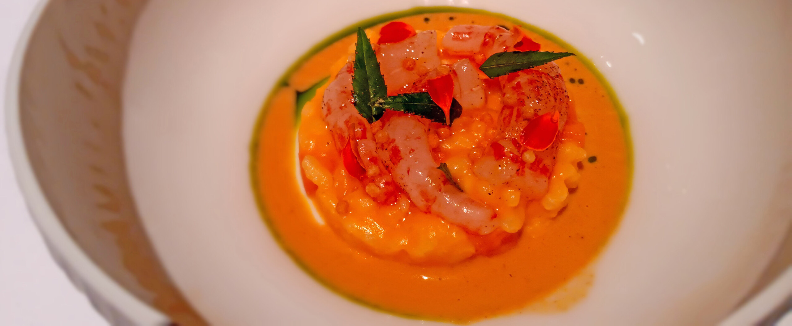 Shima ebi (striped shrimp) risotto with butternut squash bisque, marigold