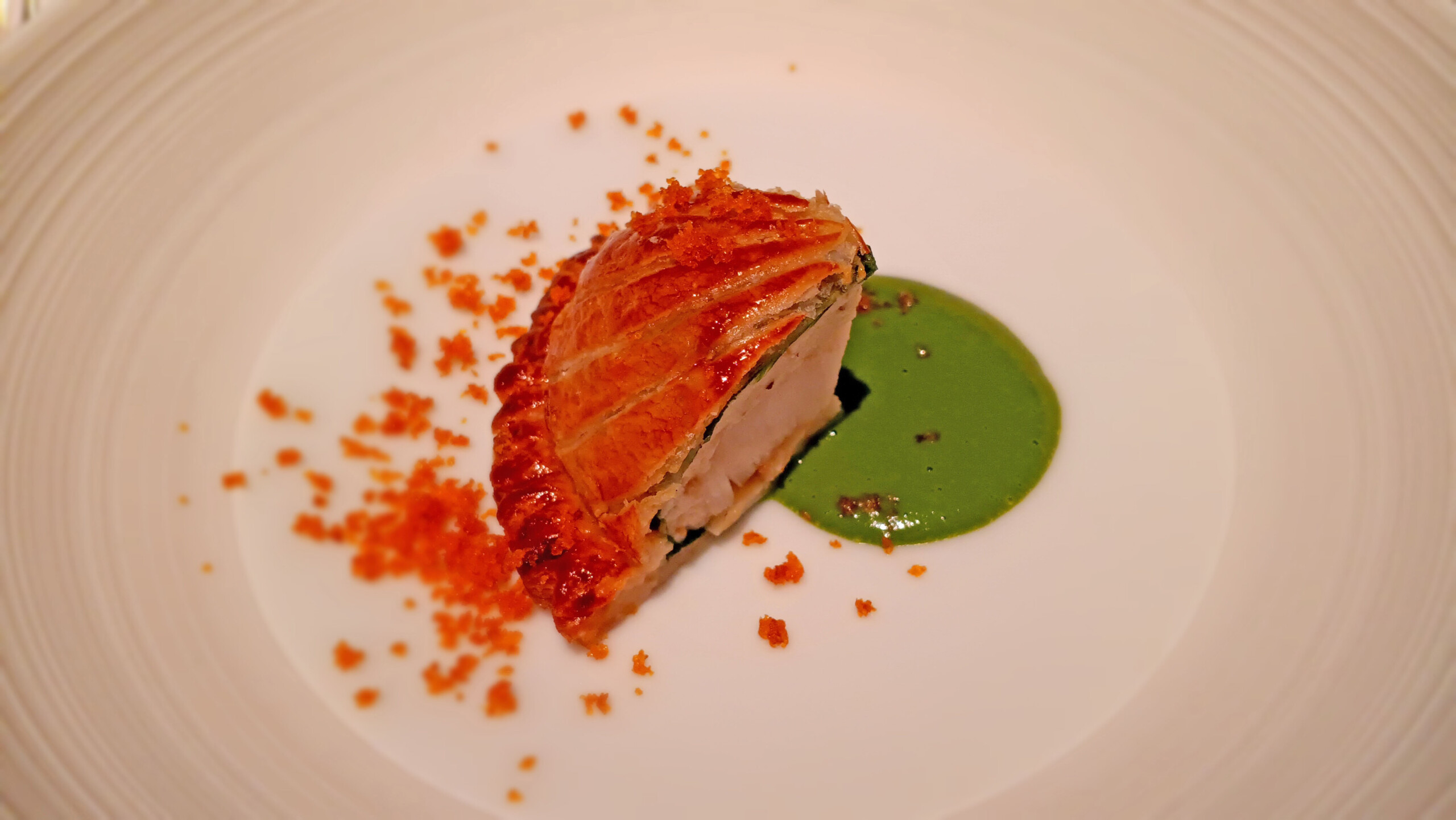 Scallop en croute (baked in a pastry shell) with abalone, shiitake mushroom, spinach, karasumi (dried mullet roe)