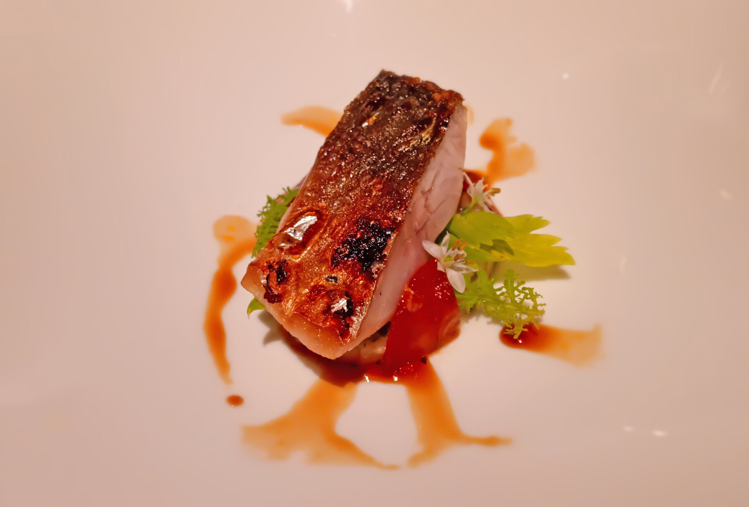Grilled masaba (chub mackerel) with celeriac, celery, chorizo