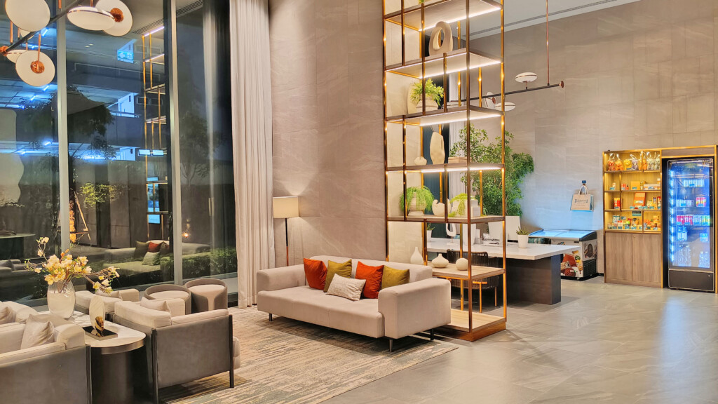 a room with a couch and shelves