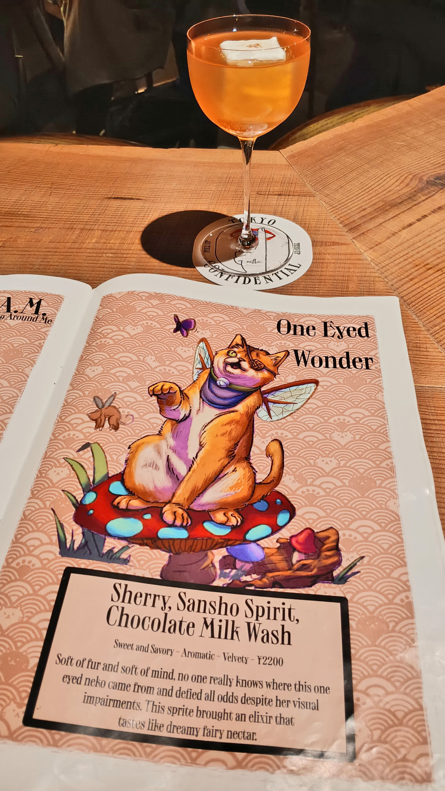 One Eyed Wonder: sherry, sansho spirit, chocolate milk wash