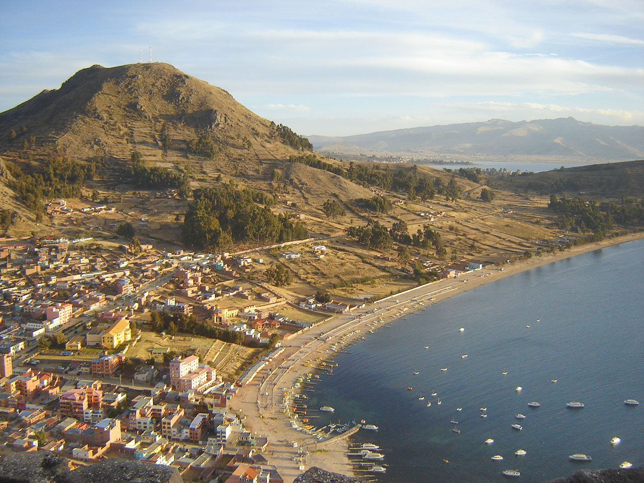 a town oCopacabana and Lake Titicacan a beach