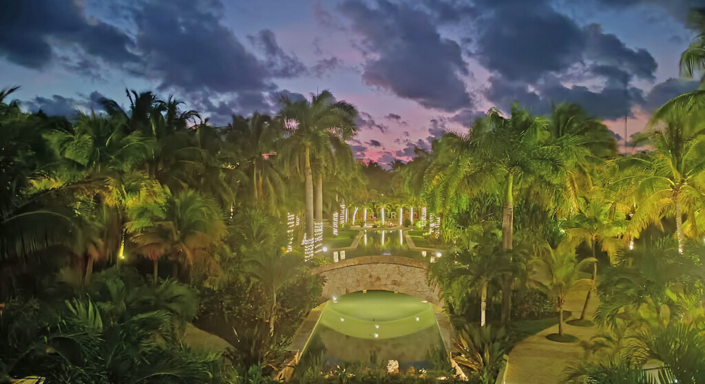 a pool surrounded by palm trees