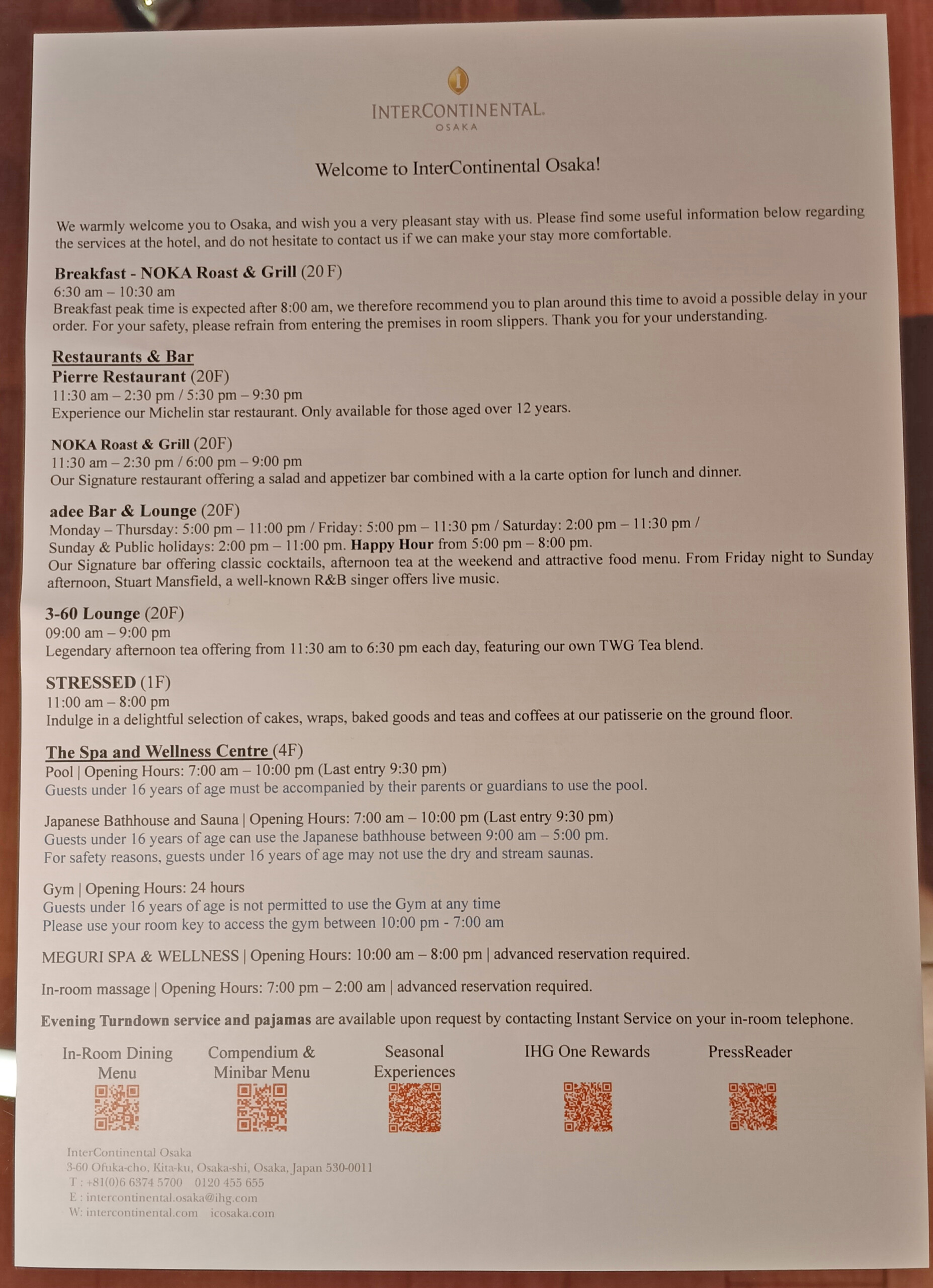 Hotel information sheet
