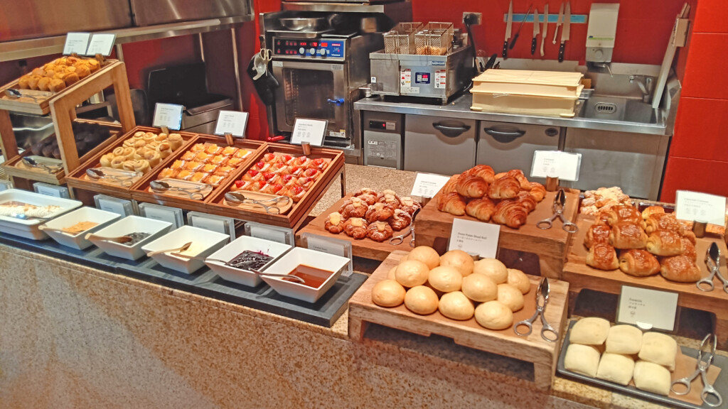 a counter with different types of food on it