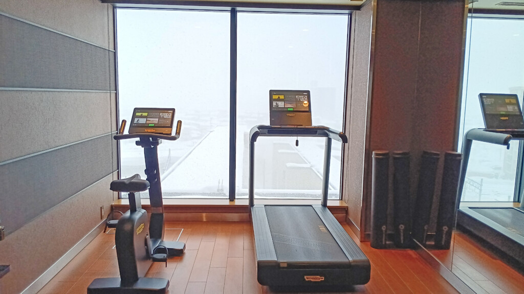 a treadmill and exercise equipment in a room
