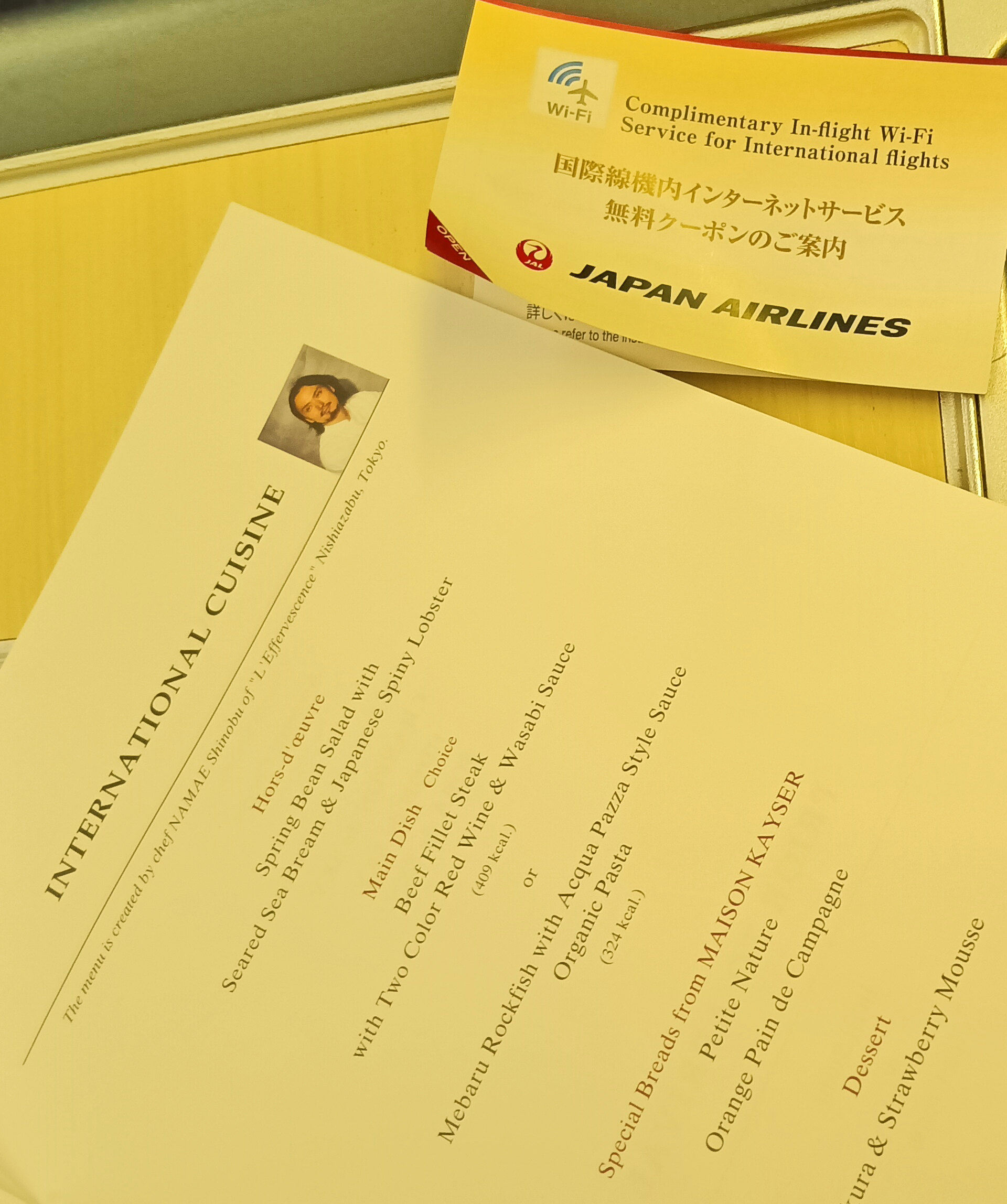 Japan Airlines NRT-CGK 2026, May business class Western menu
