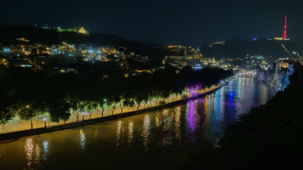 Nighttime view of Narikala Fortress and downtown
