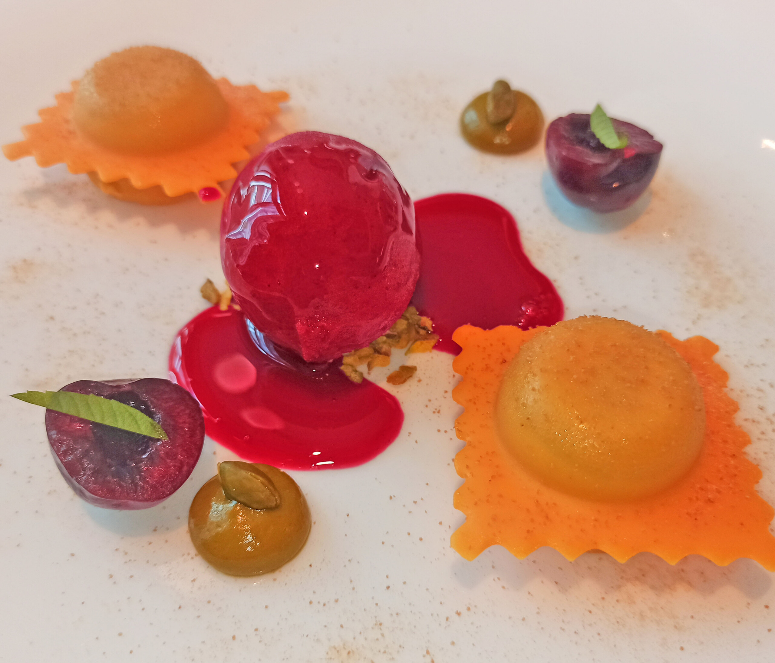 Ravioli al Pistachio: Cherry Sorbet, Pistachio Mousse, Pistachio Crunch, Cherry Jus