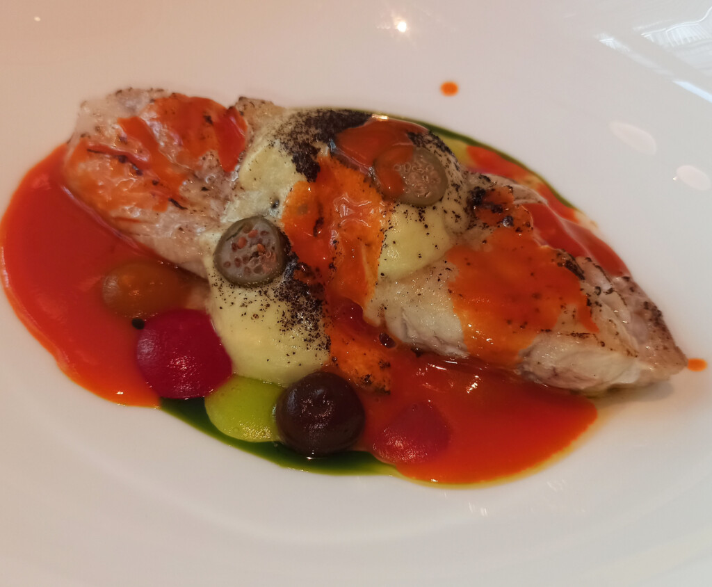 Gallinella di Mare: Charcoal-Grilled Red Gurnard, Liquid Caponata, Caper Sabayon, Black Garlic